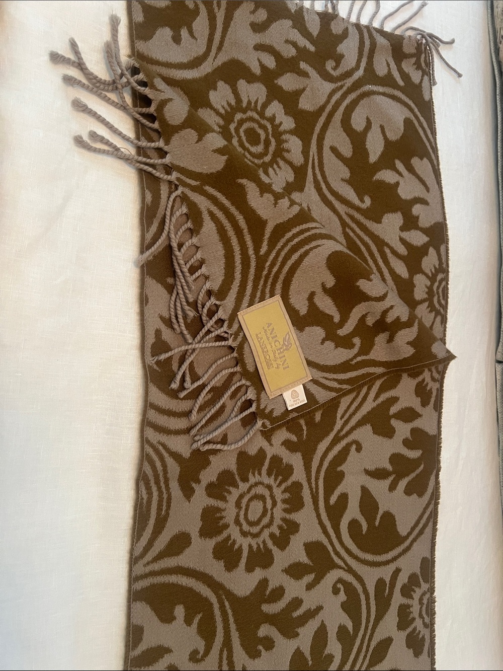 Anichini by Lanerossi Jacquard Fringe Scarf in chocolate and Taupe 100% wool